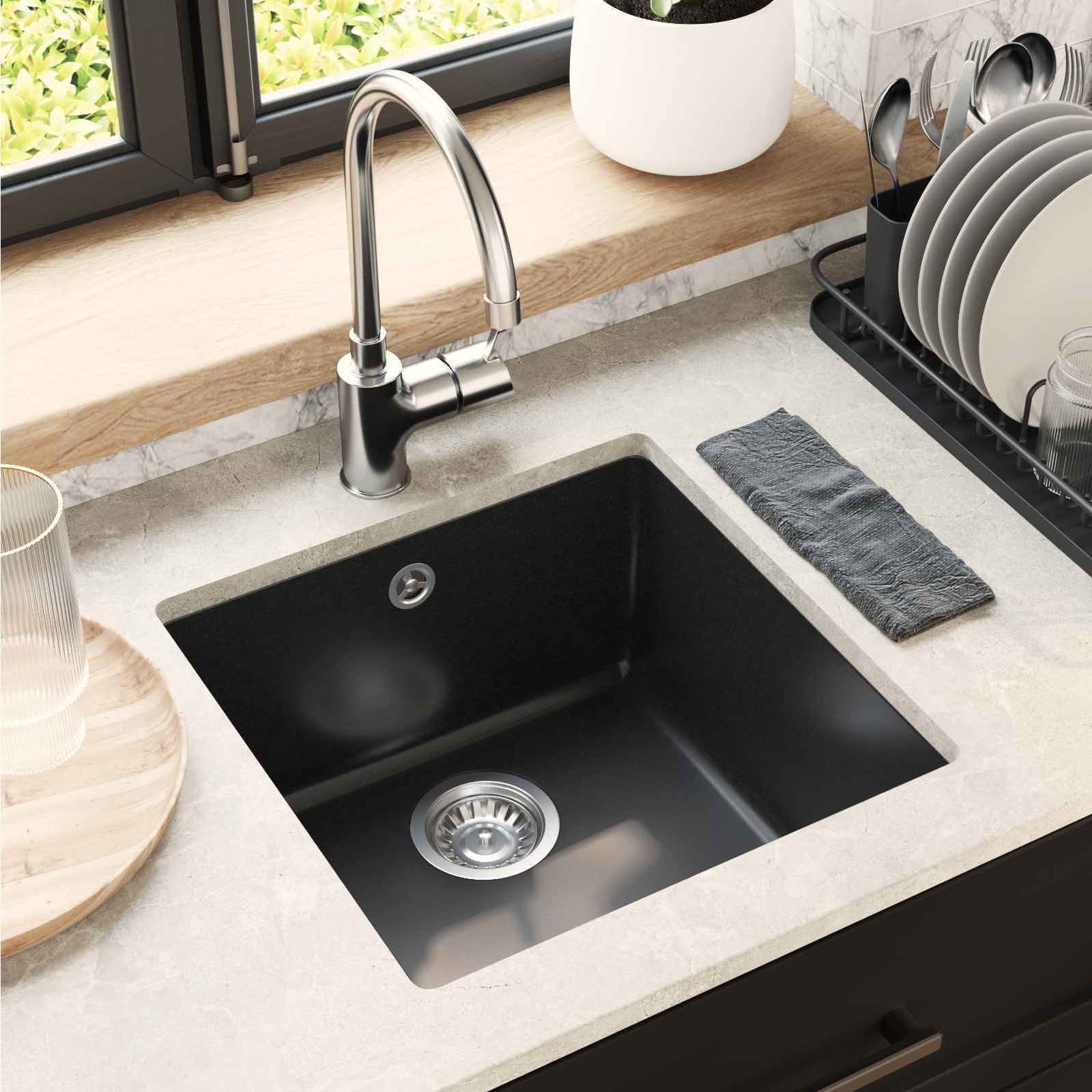 Waschbecken Schwarz 370 x 460 mm 80% Quarz und 20% Harz