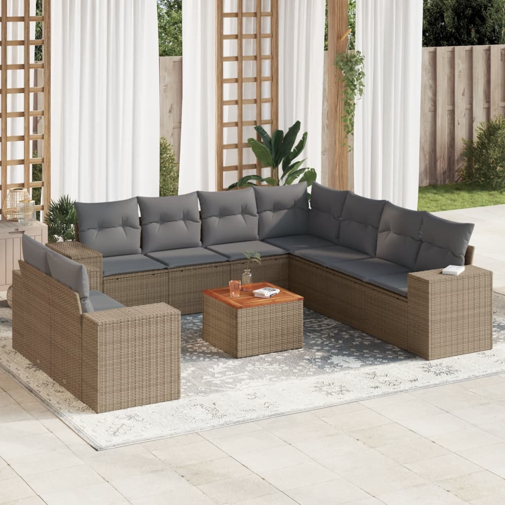 10-tlg. Garten-Sofagarnitur mit Kissen Schwarz Poly Rattan