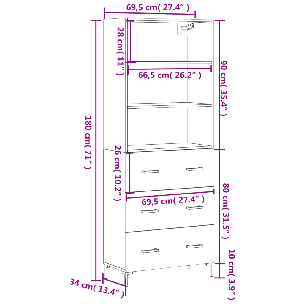 Highboard Hochglanz-Weiß 69,5x34x180 cm Holzwerkstoff