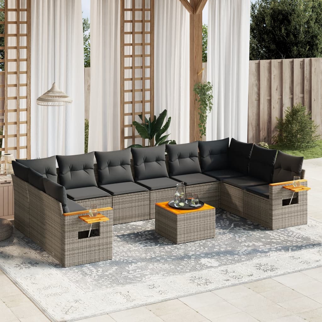 10-tlg. Garten-Sofagarnitur mit Kissen Schwarz Poly Rattan
