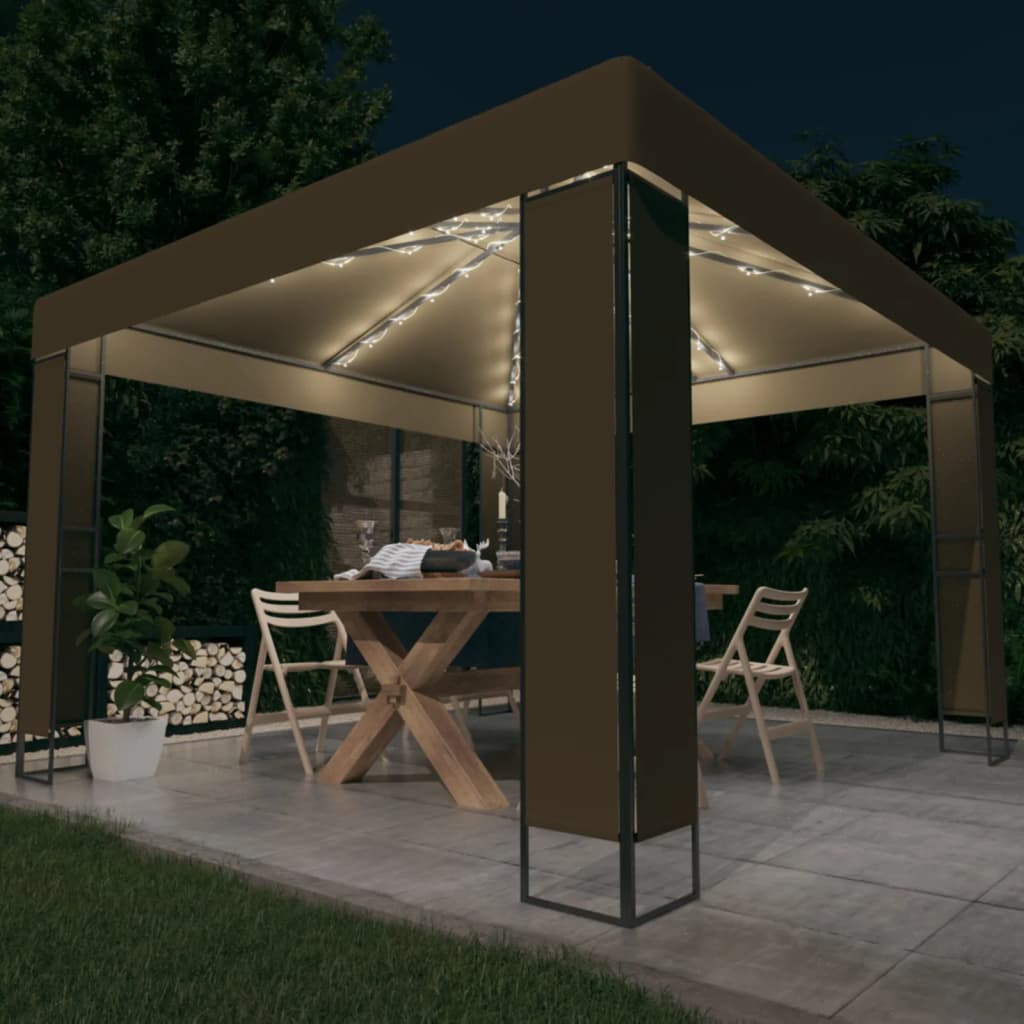 Pavillon mit Doppeldach & LED-Lichterkette 3x3 m Weiß