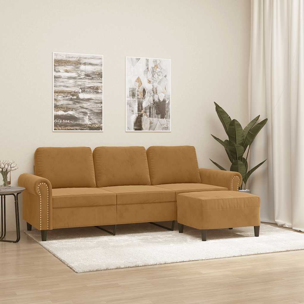 3-Sitzer-Sofa mit Hocker Hellgrau 180 cm Samt