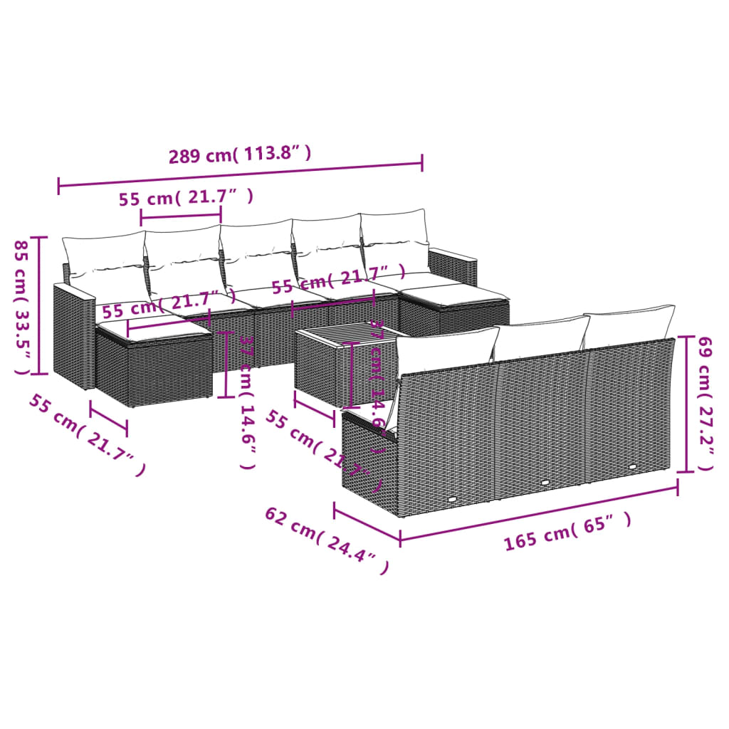10-tlg. Garten-Sofagarnitur mit Kissen Schwarz Poly Rattan