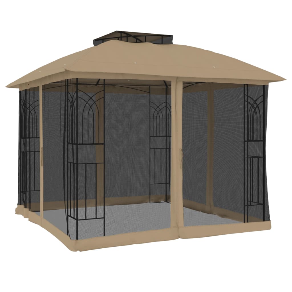 Pavillon mit Doppeldach & Netzwänden Creme 2,94x2,94 m Stahl