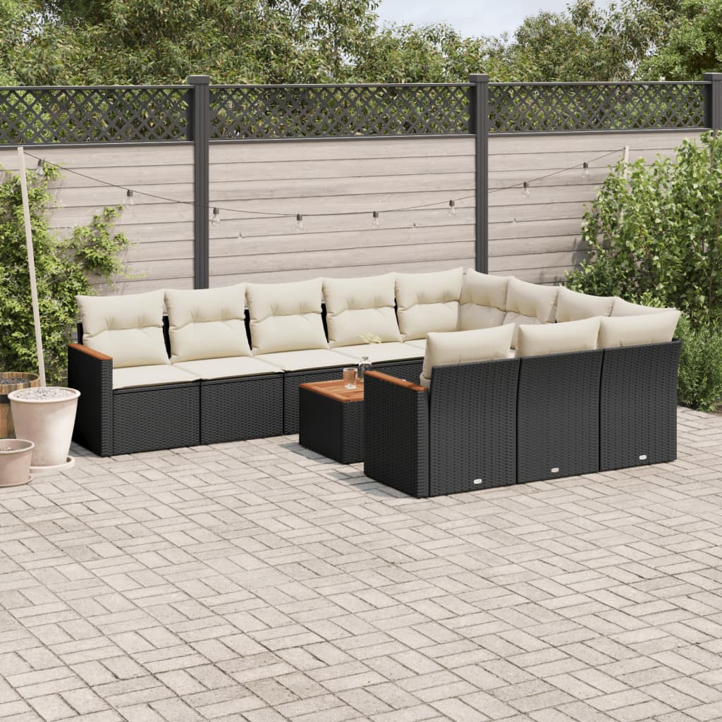 10-tlg. Garten-Sofagarnitur mit Kissen Schwarz Poly Rattan