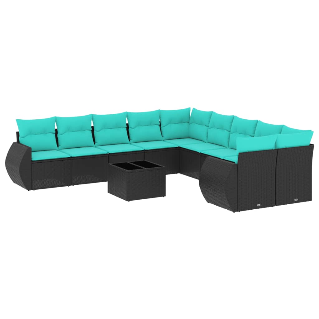 10-teiliges Gartensofa-Set mit Kissen, schwarzes Polyrattan