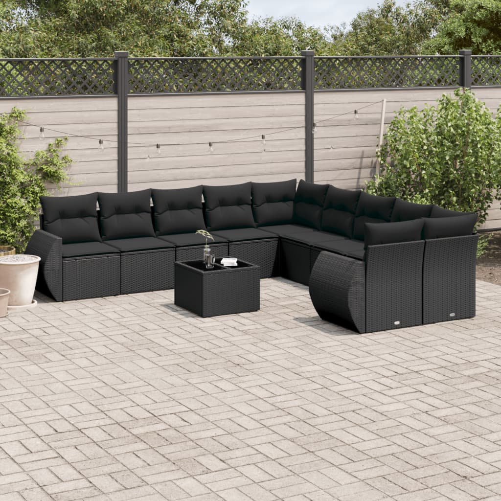 10-tlg. Garten-Sofagarnitur mit Kissen Schwarz Poly Rattan