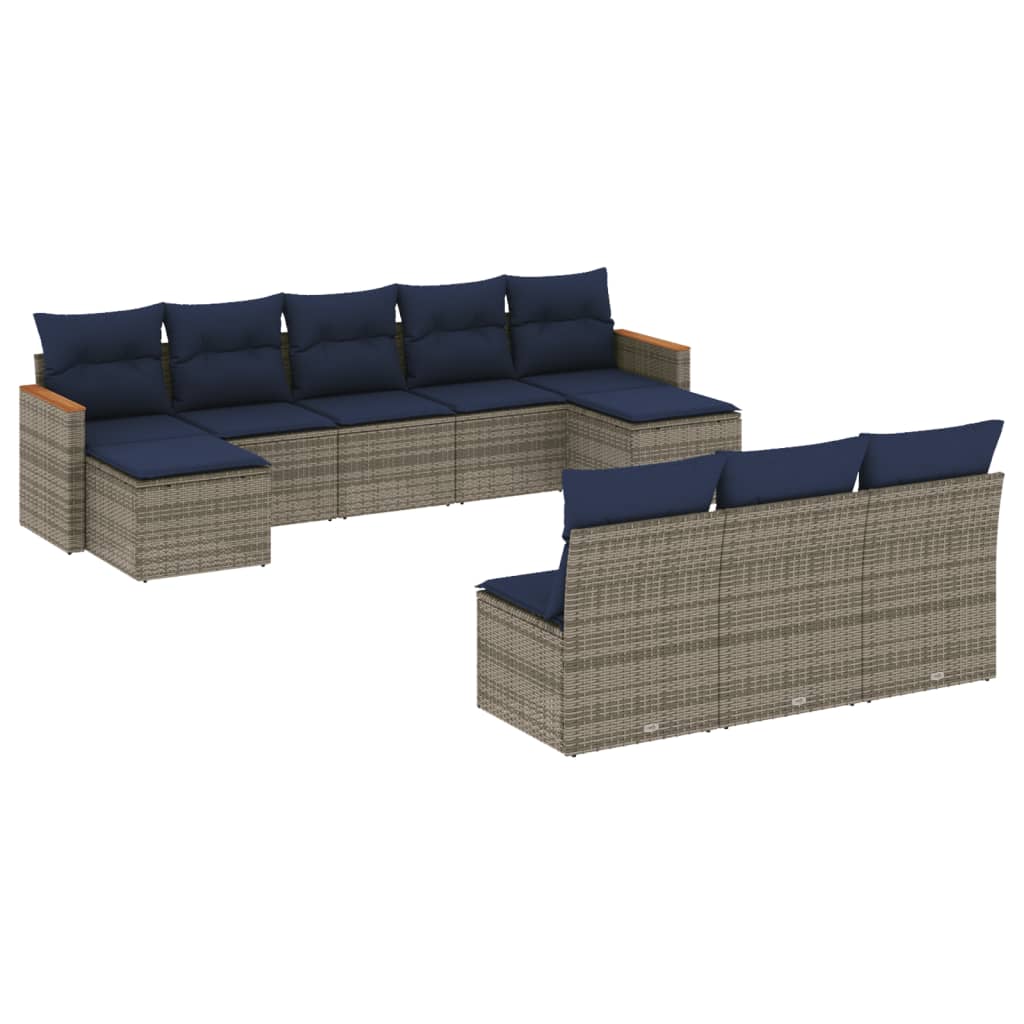 10-teiliges Gartensofa-Set mit Kissen, schwarzes Polyrattan