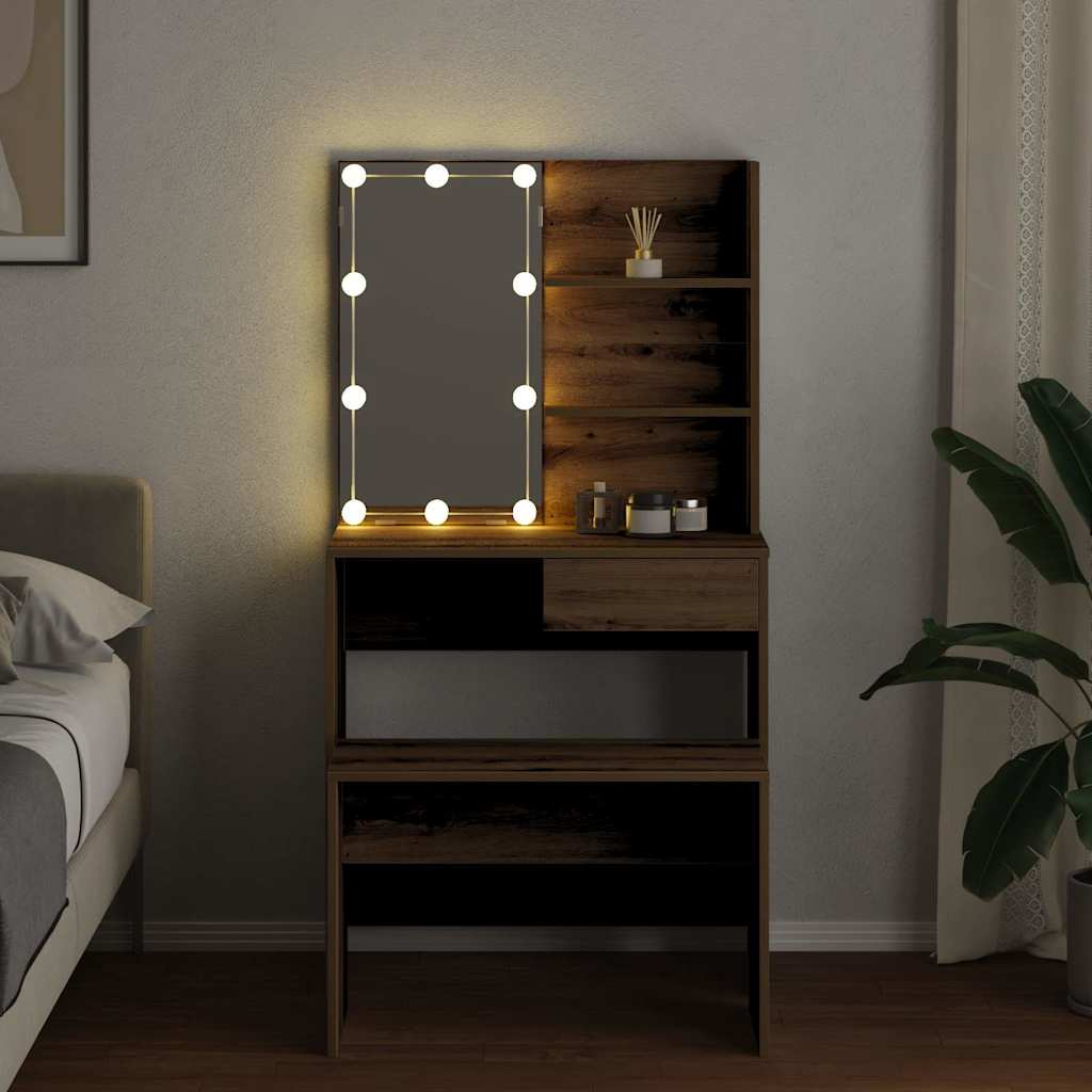 Schminktisch-Set mit LED Weiß Holzwerkstoff