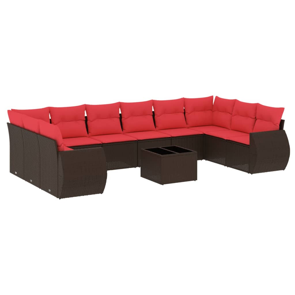 10-teiliges Gartensofa-Set mit Kissen, schwarzes Polyrattan