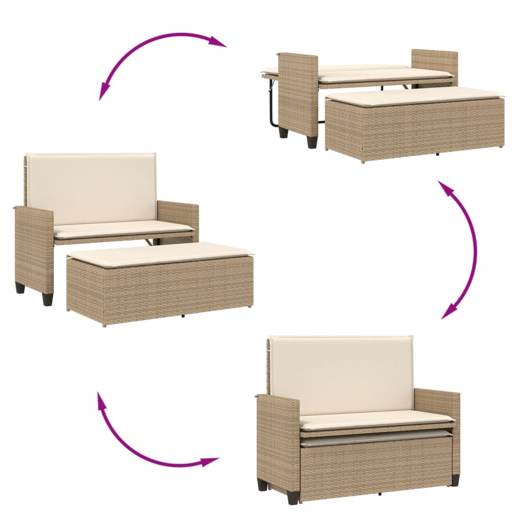 Gartenbank mit Kissen und Hocker Schwarz Poly Rattan
