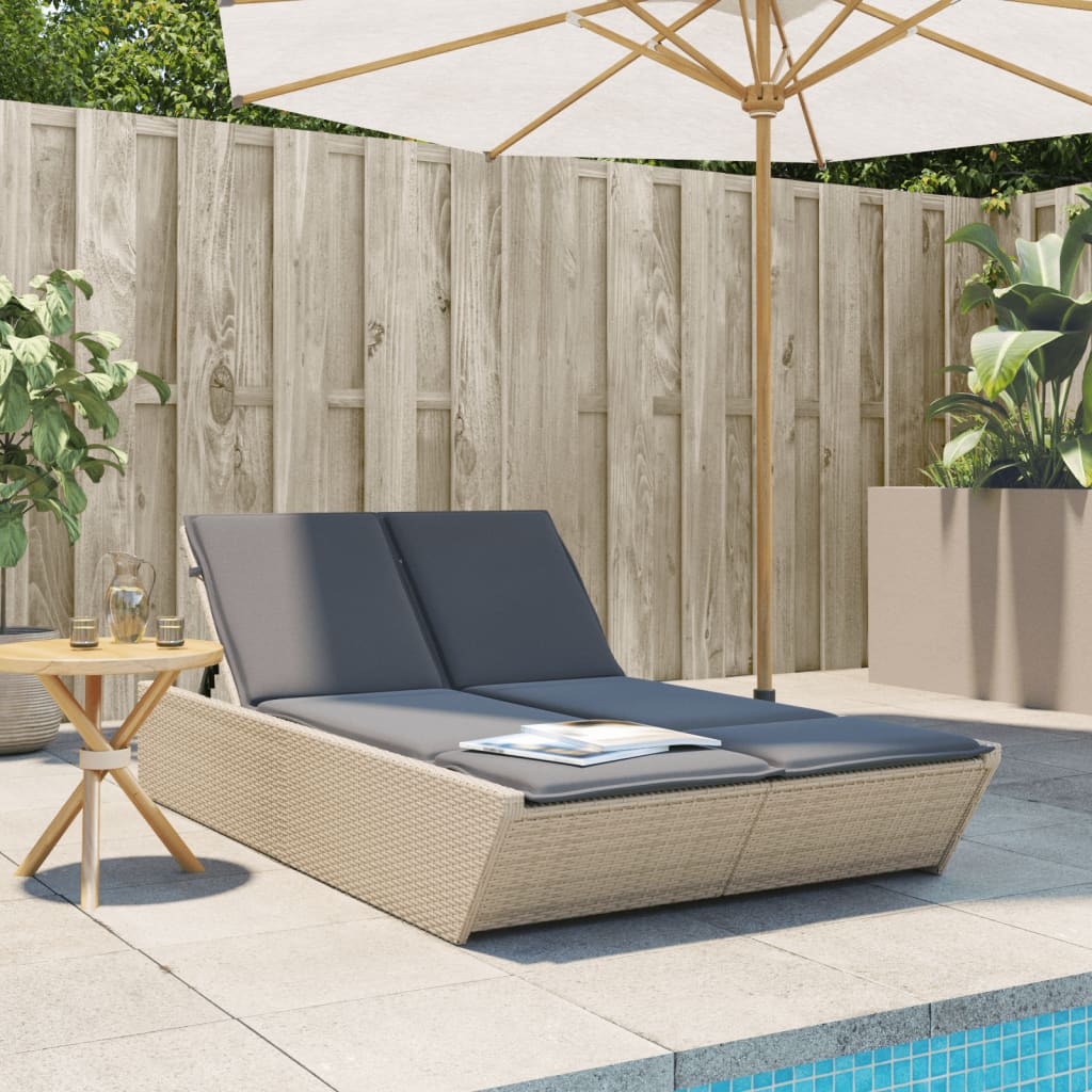 Doppel-Sonnenliege mit Kissen Schwarz Poly Rattan