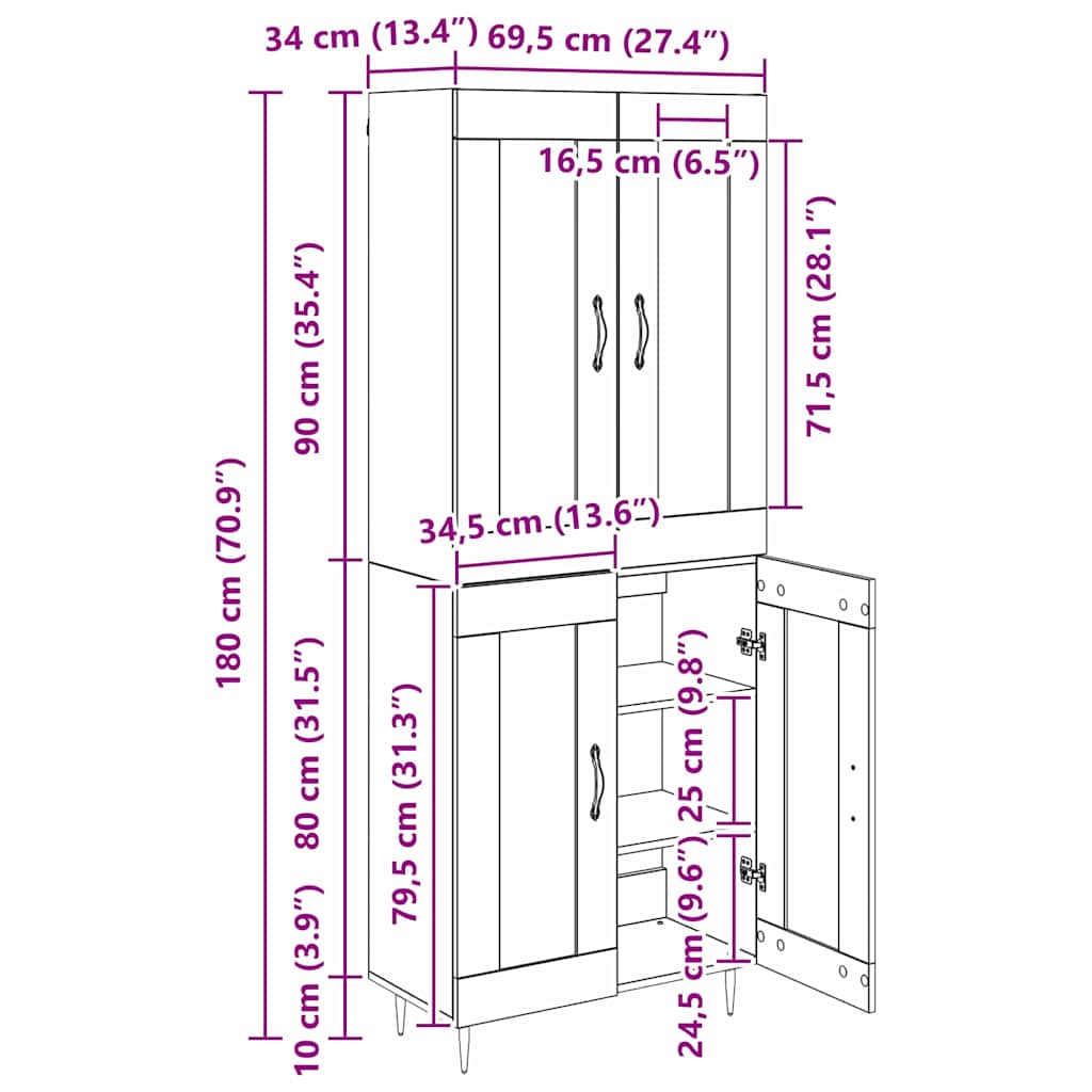 Highboard Betongrau 69,5x34x180 cm Holzwerkstoff