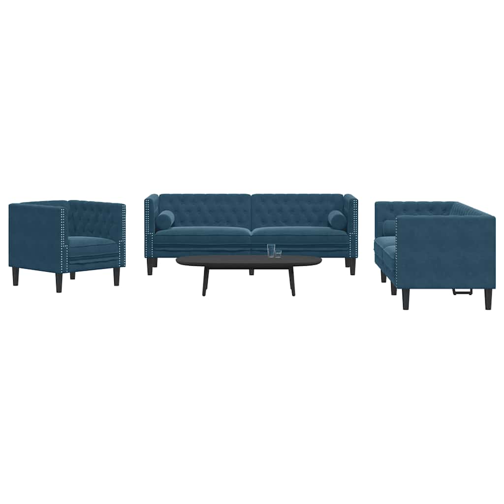 3-tlg. Chesterfield-Sofa-Set mit Nackenrollen Hellgrau Samt