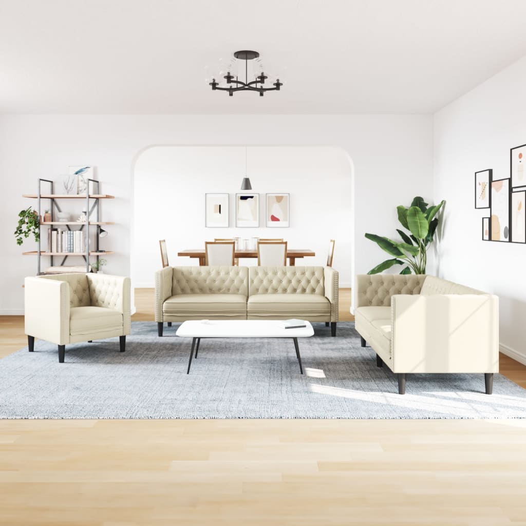 3-tlg. Chesterfield-Sofa-Set Schwarz Kunstleder