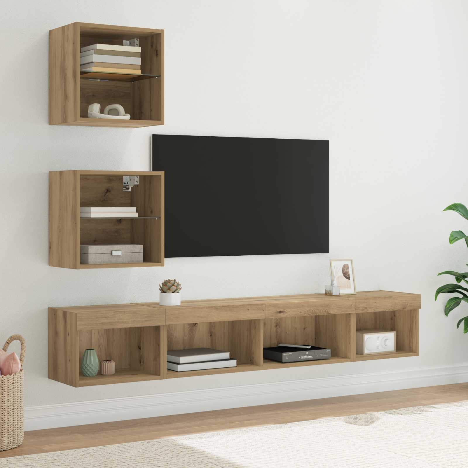 5-tlg. Wohnwand mit LED-Beleuchtung Weiß Holzwerkstoff