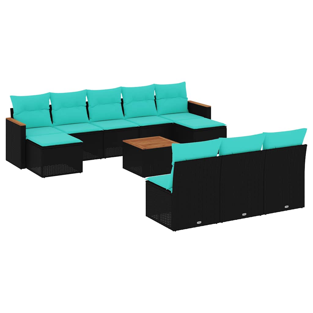 10-teiliges Gartensofa-Set mit Kissen, schwarzes Polyrattan
