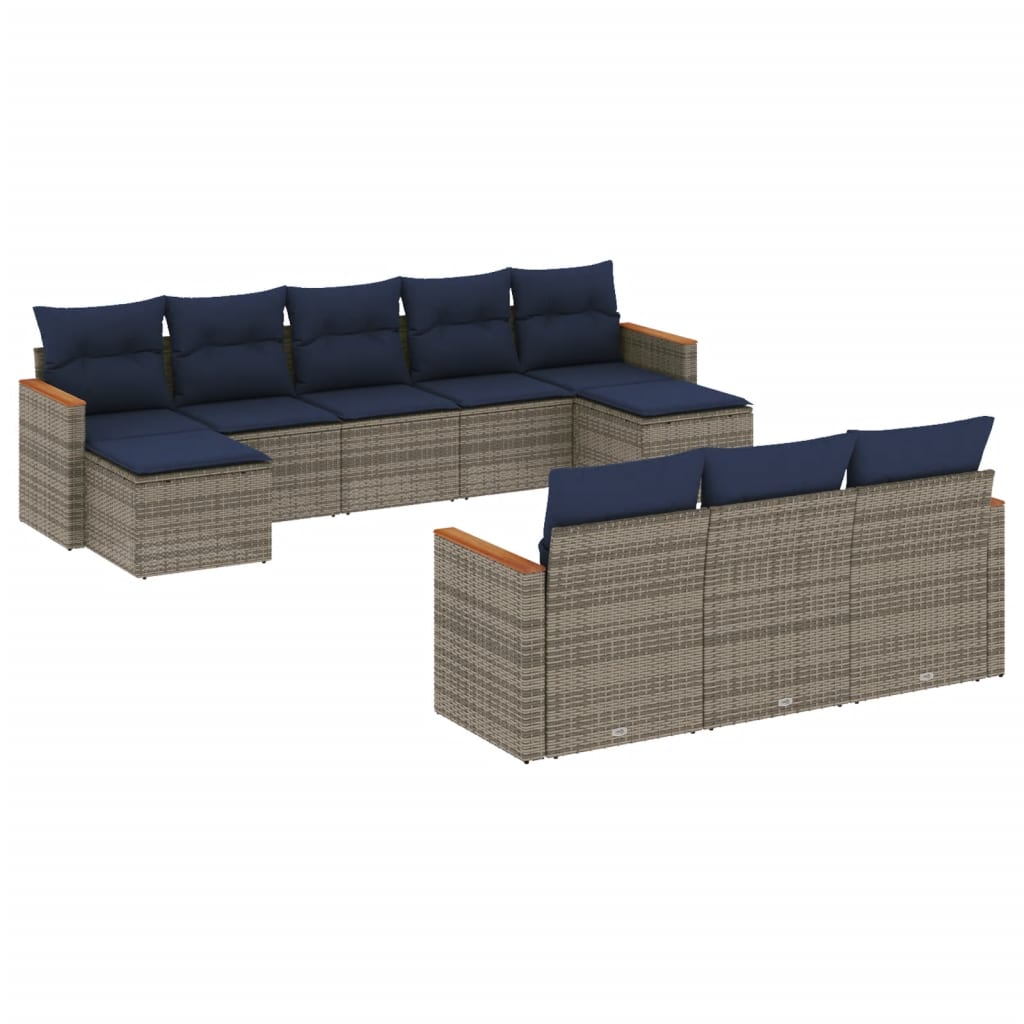 10-teiliges Gartensofa-Set mit Kissen, schwarzes Polyrattan