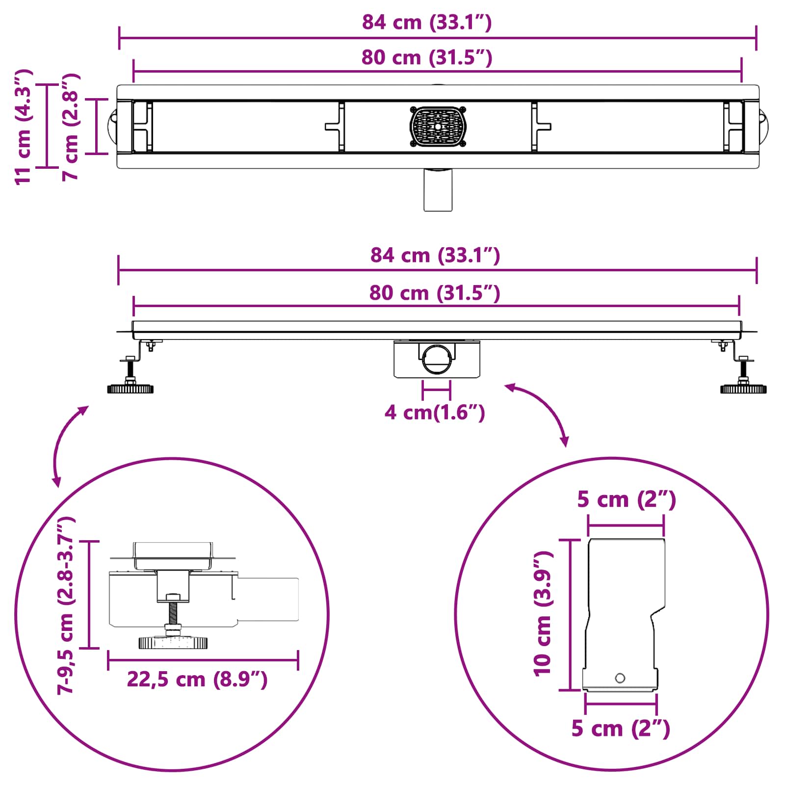 Duschabfluss mit Glashülle und 360° Siphon Schwarz 50 cm