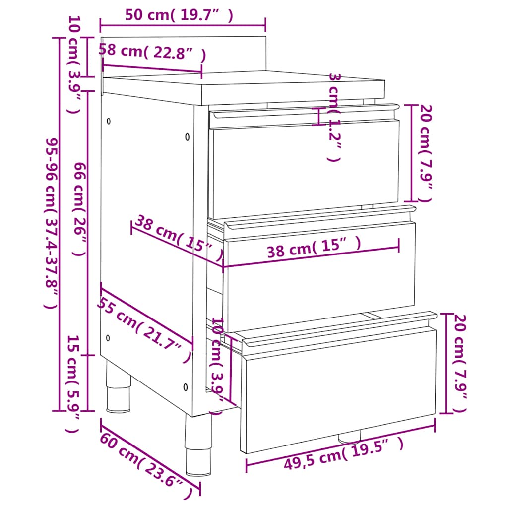Gewerbe-Küchenschrank mit 2 Schubladen 50x60x96 cm