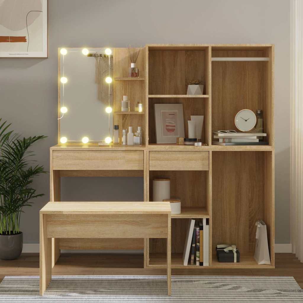 Schminktisch-Set mit LED Weiß Holzwerkstoff