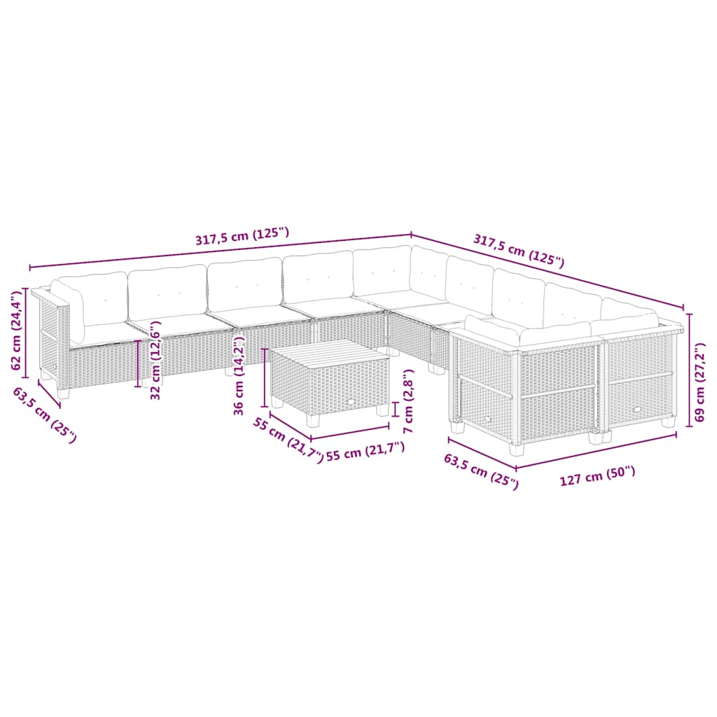 10-tlg. Garten-Sofagarnitur mit Kissen Beige Poly Rattan