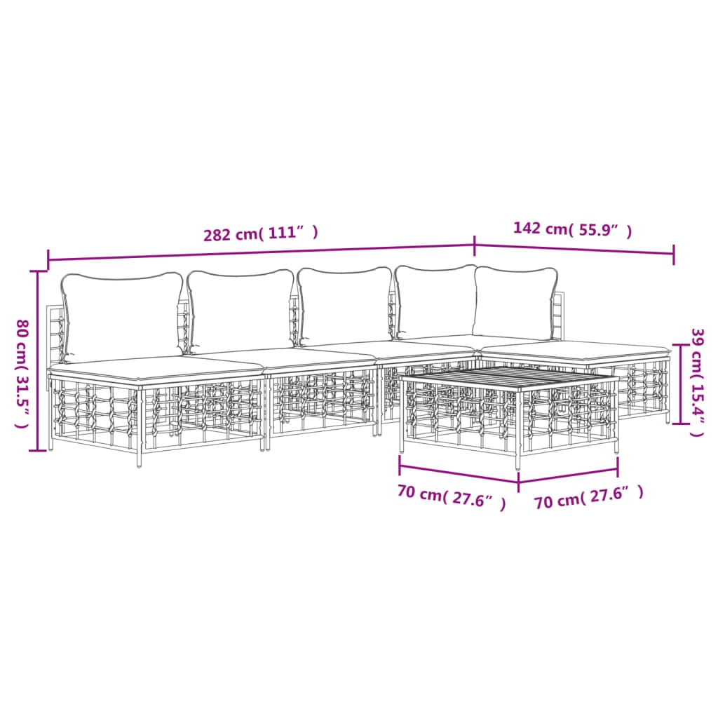 5-tlg. Garten-Lounge-Set mit Kissen Anthrazit Poly Rattan