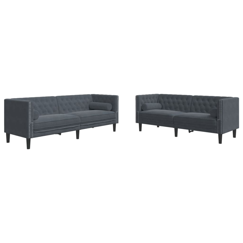 3-tlg. Chesterfield-Sofa-Set mit Nackenrollen Hellgrau Samt