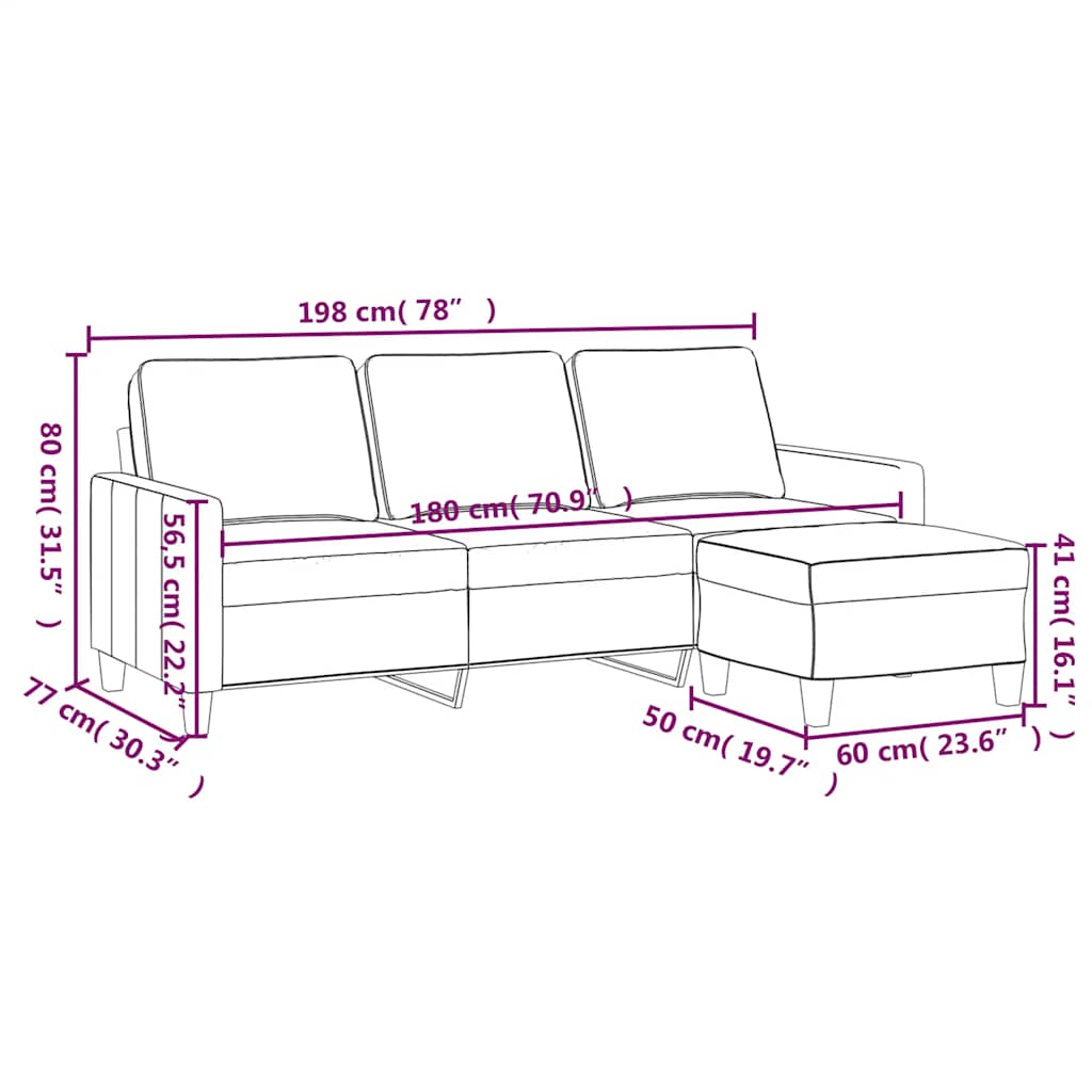 3-Sitzer-Sofa mit Hocker Creme 180 cm Stoff