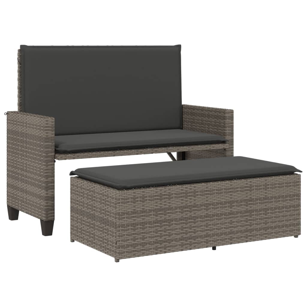 Gartenbank mit Kissen und Hocker Schwarz Poly Rattan