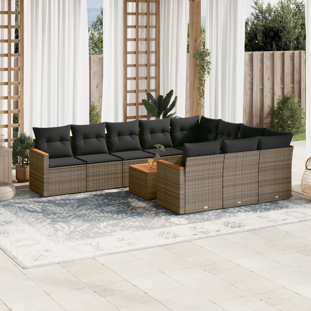 10-tlg. Garten-Sofagarnitur mit Kissen Schwarz Poly Rattan