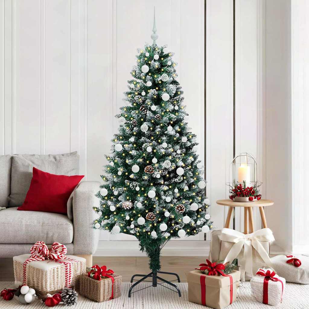 Künstlicher Weihnachtsbaum mit LEDs Kugeln Zapfen 150 cm