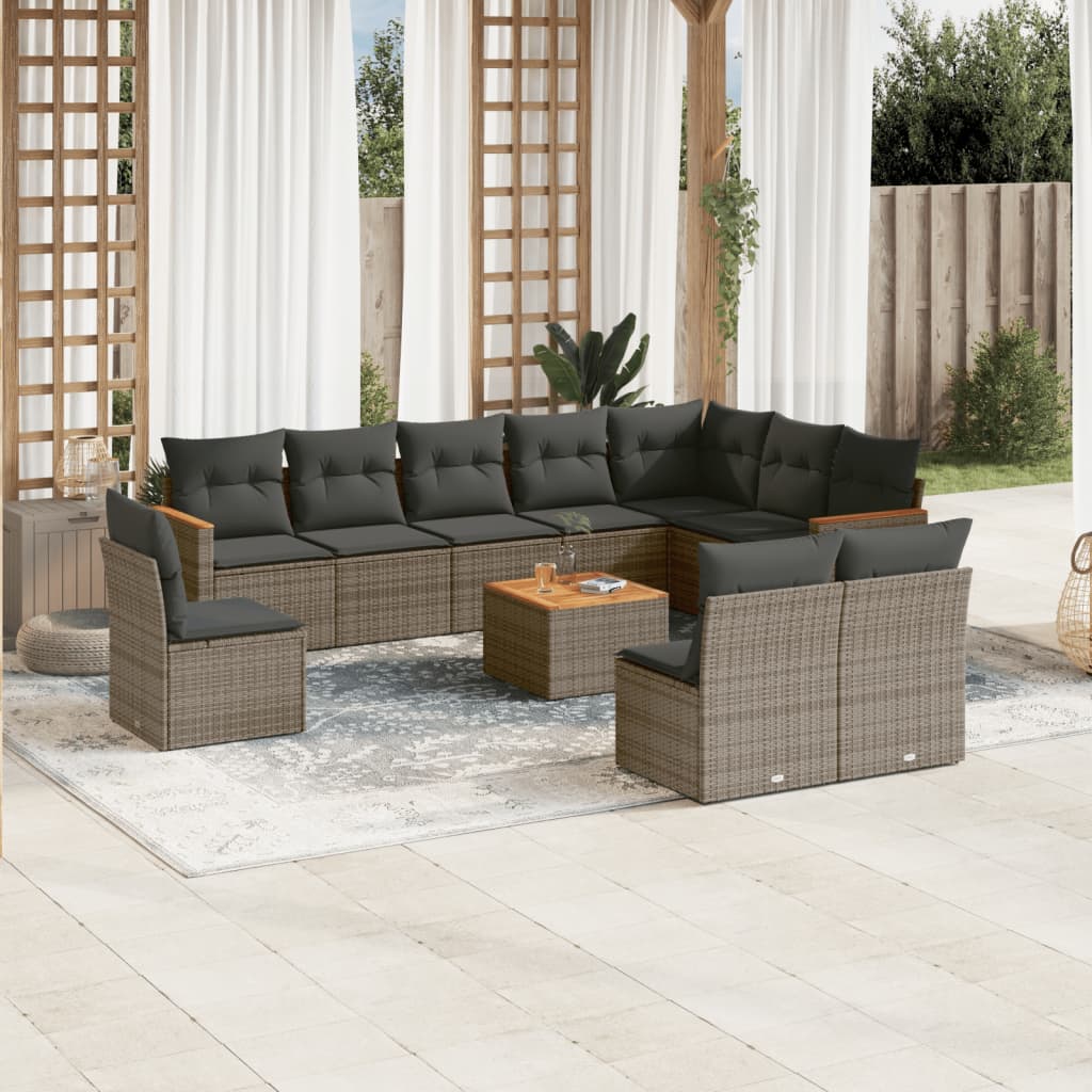10-tlg. Garten-Sofagarnitur mit Kissen Schwarz Poly Rattan