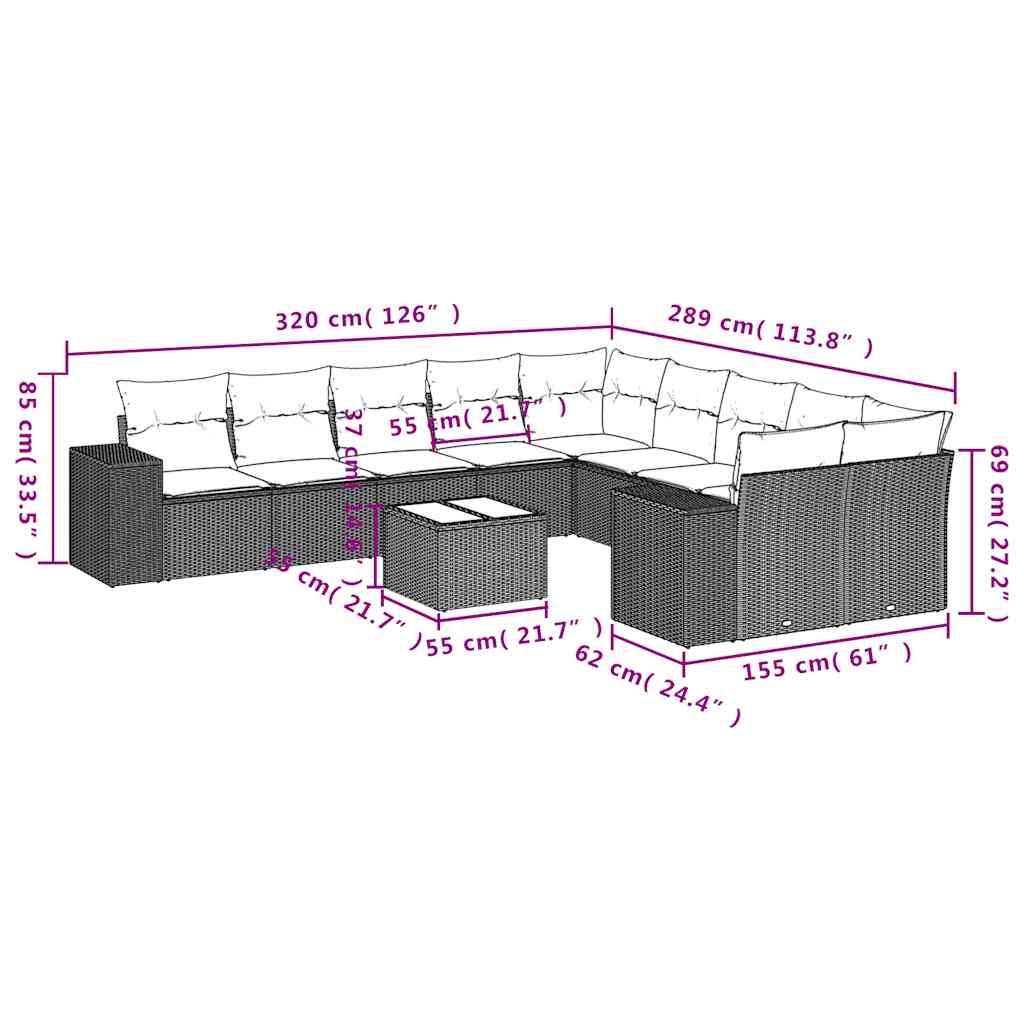 10-tlg. Garten-Sofagarnitur mit Kissen Schwarz Poly Rattan