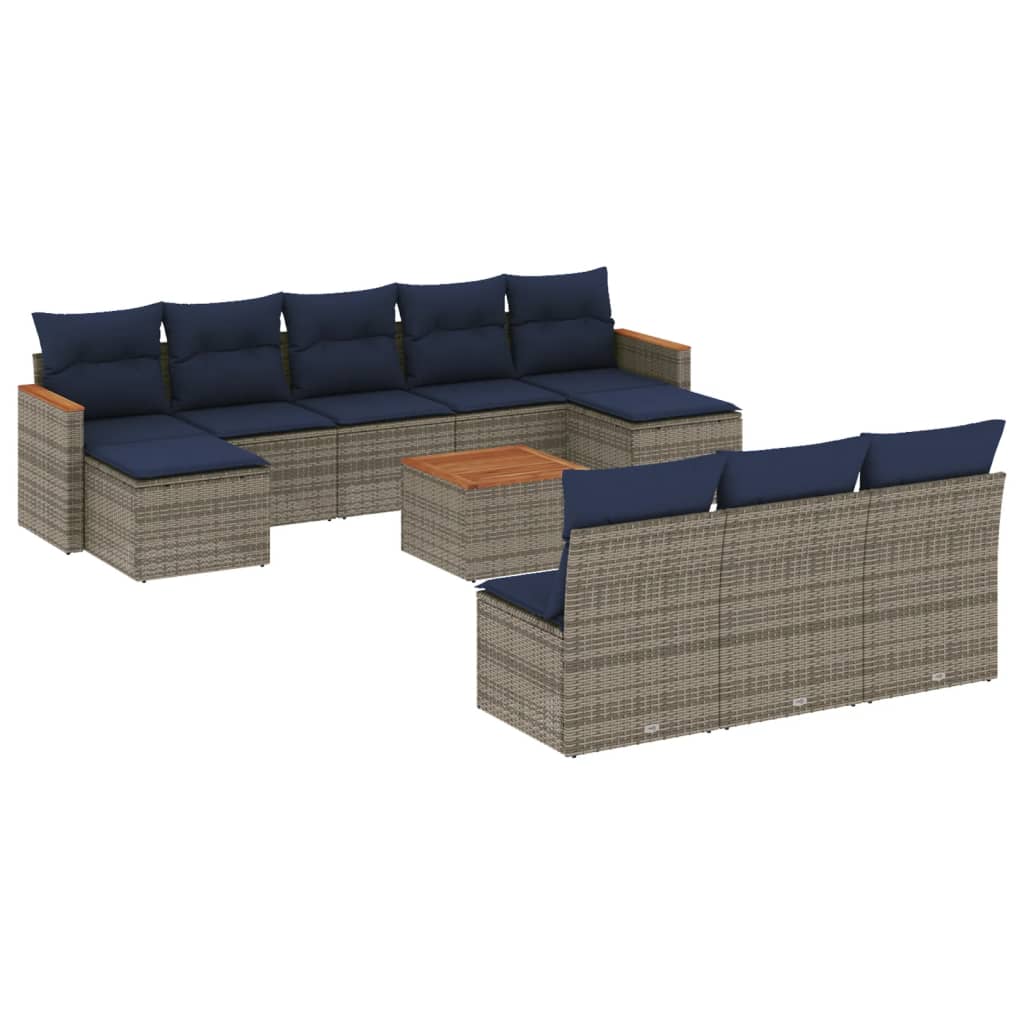 10-teiliges Gartensofa-Set mit Kissen, schwarzes Polyrattan