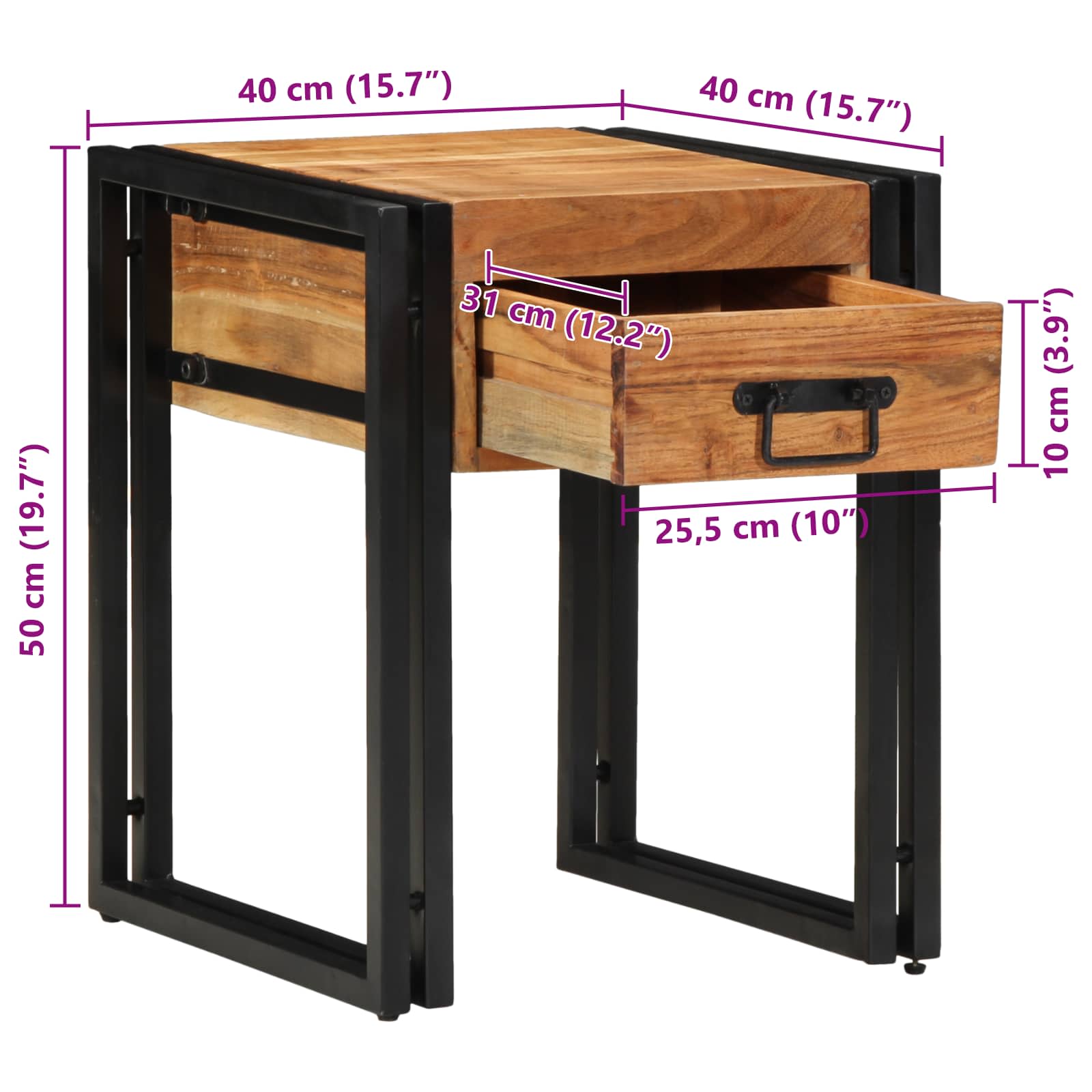 Beistelltisch mit Schubladen 40 x 40 x 50 cm Massivholz Mango