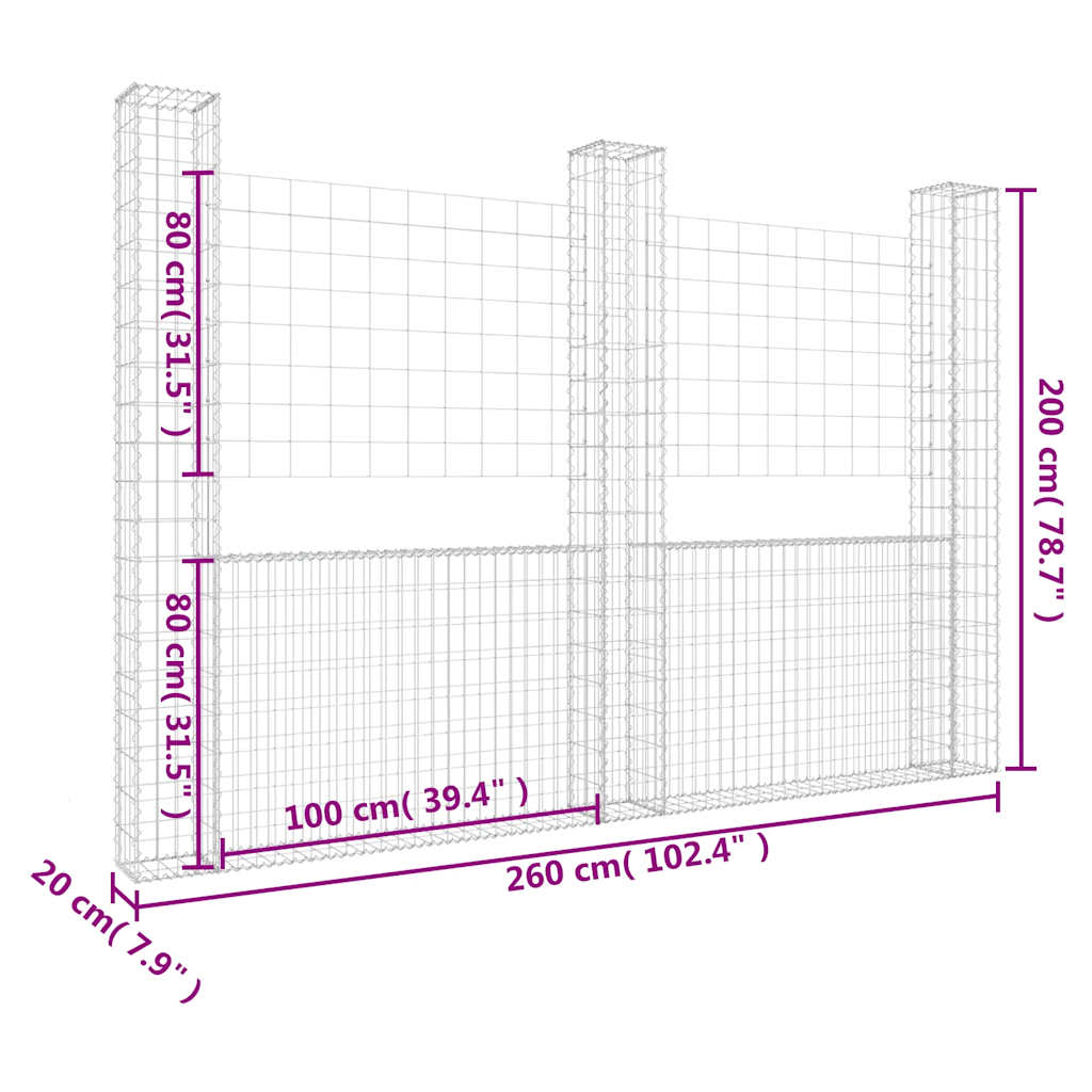 Gabionenkorb U-Form mit 2 Säulen Eisen 140x20x150 cm