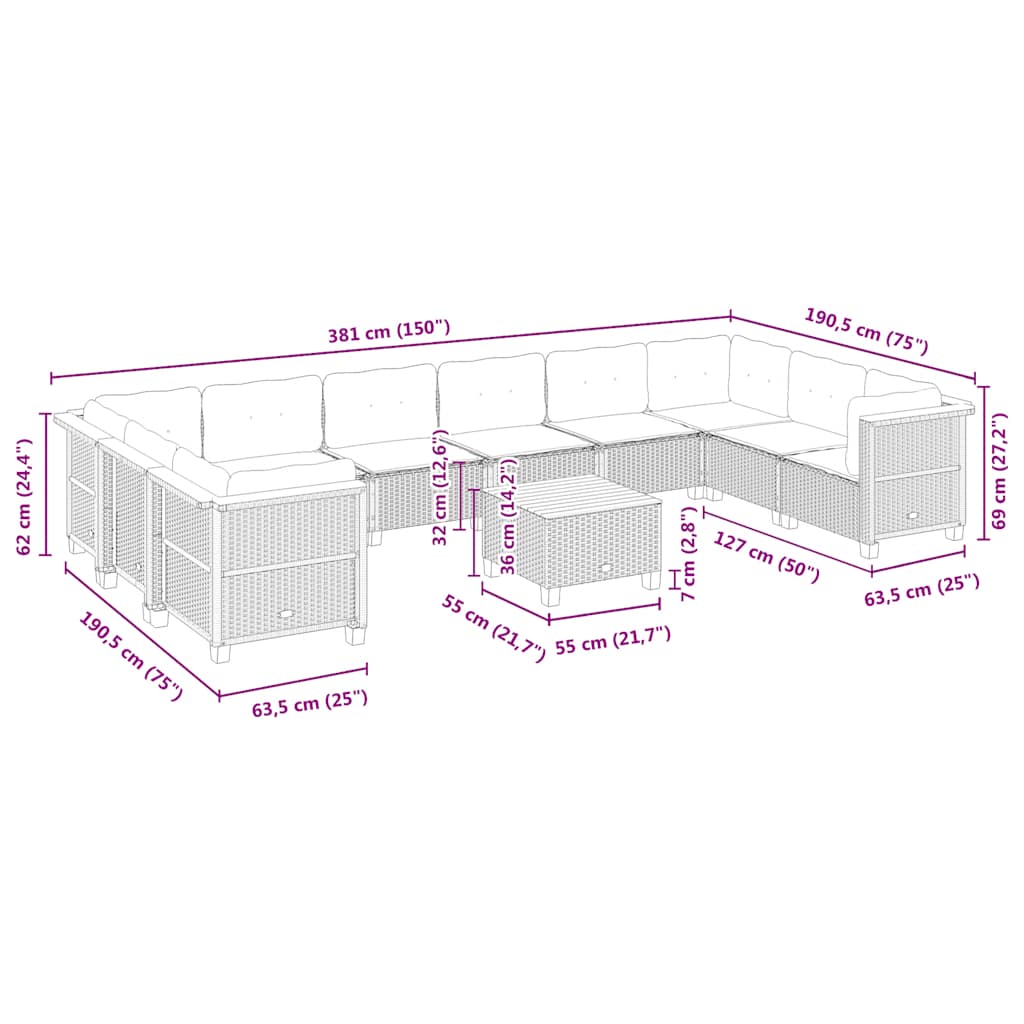 10-tlg. Garten-Sofagarnitur mit Kissen Beige Poly Rattan