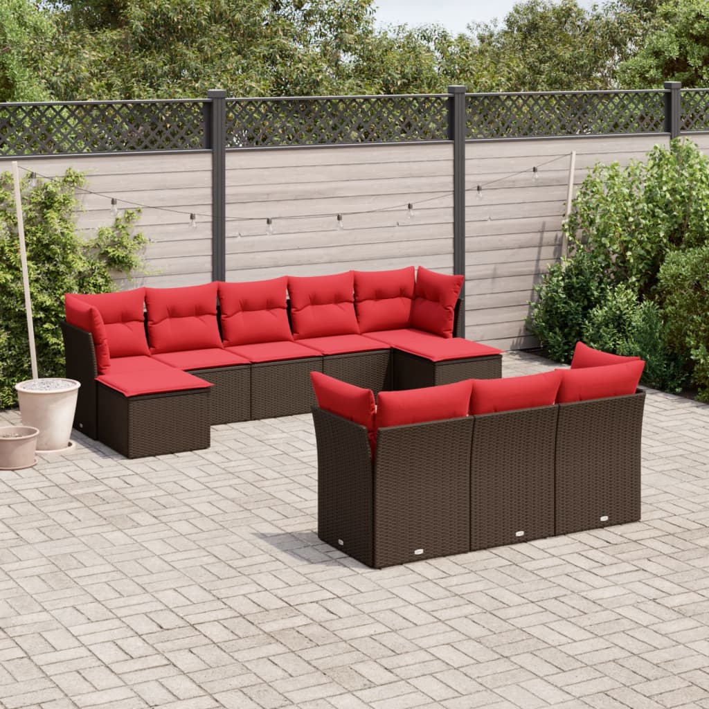 10-teiliges Gartensofa-Set mit Kissen, schwarzes Polyrattan