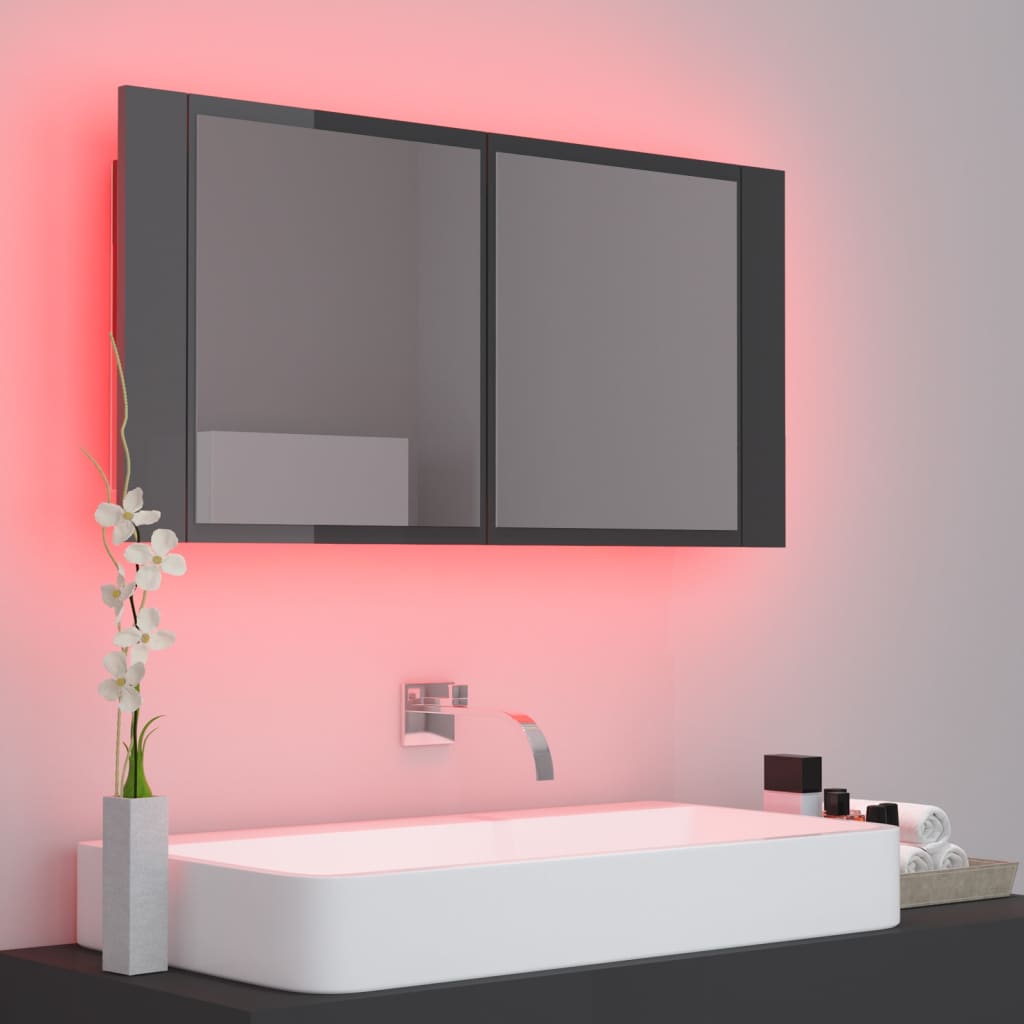 LED-Bad-Spiegelschrank Grau 90x12x45 cm Acryl