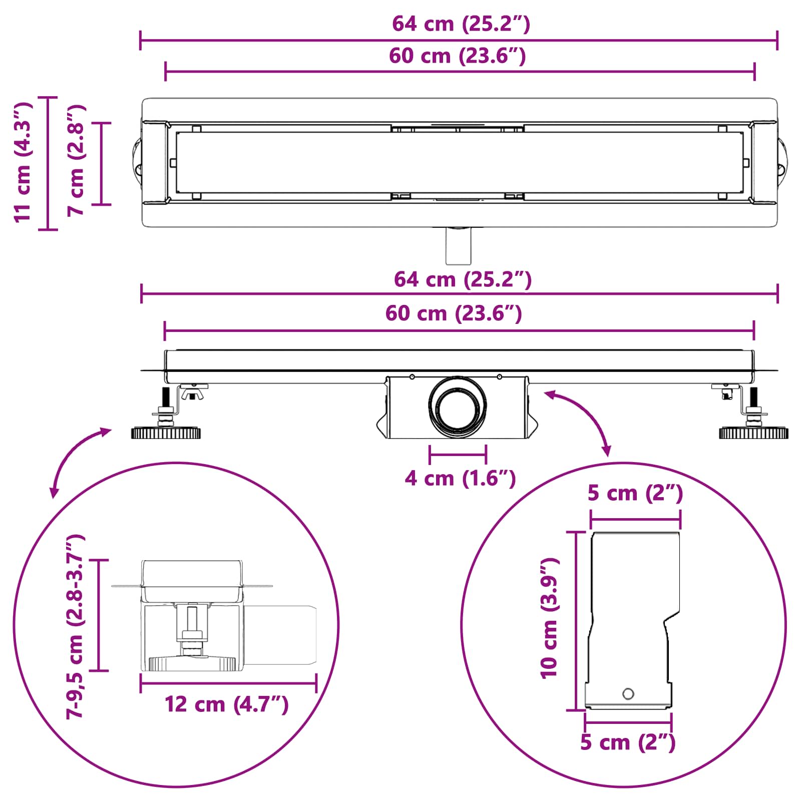 Duschabfluss mit Glasabdeckung Schwarz 50 cm Edelstahl 304