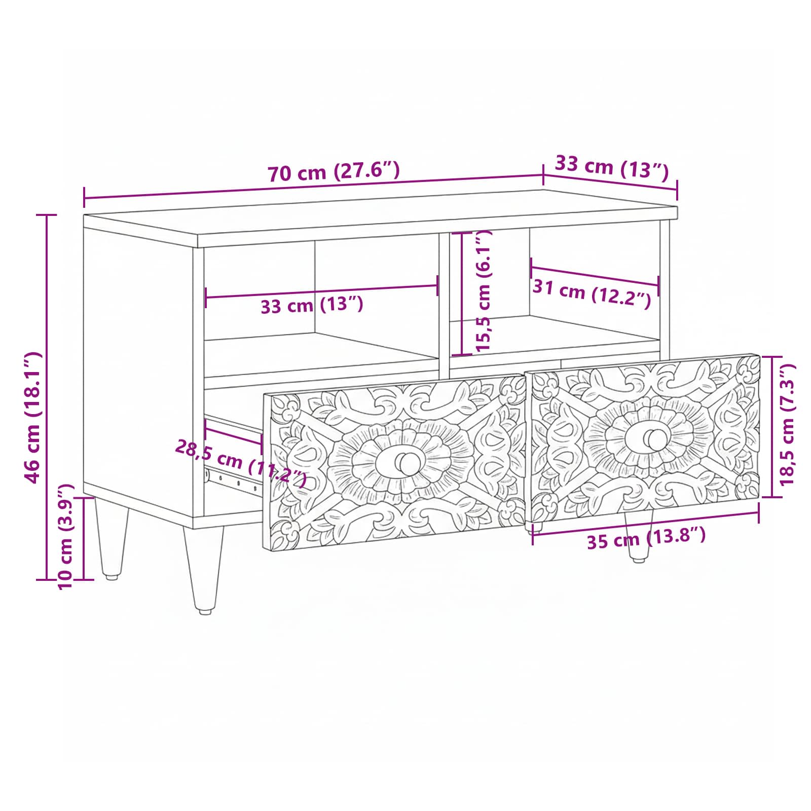 TV-Schränk Braun 70 x 33,5 x 46 cm Massivholz Mango