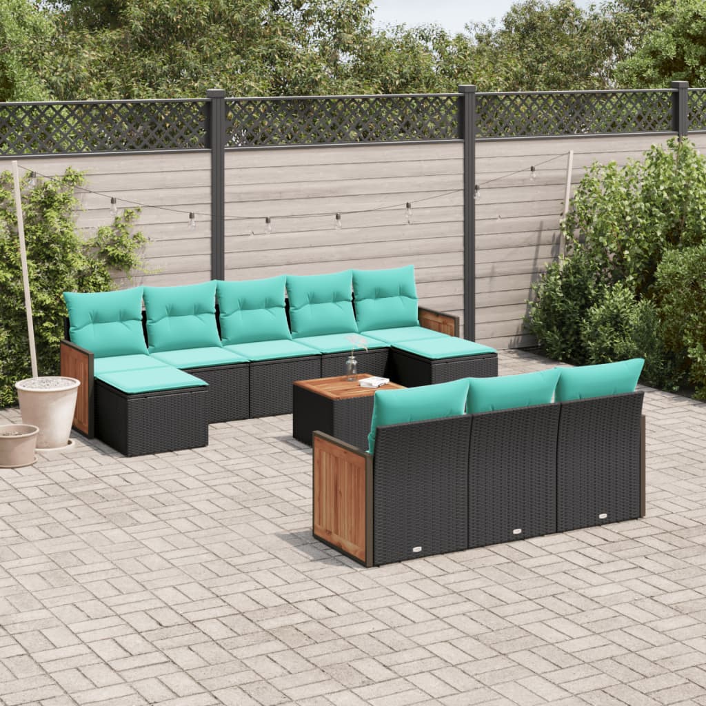 10-teiliges Gartensofa-Set mit Kissen, schwarzes Polyrattan