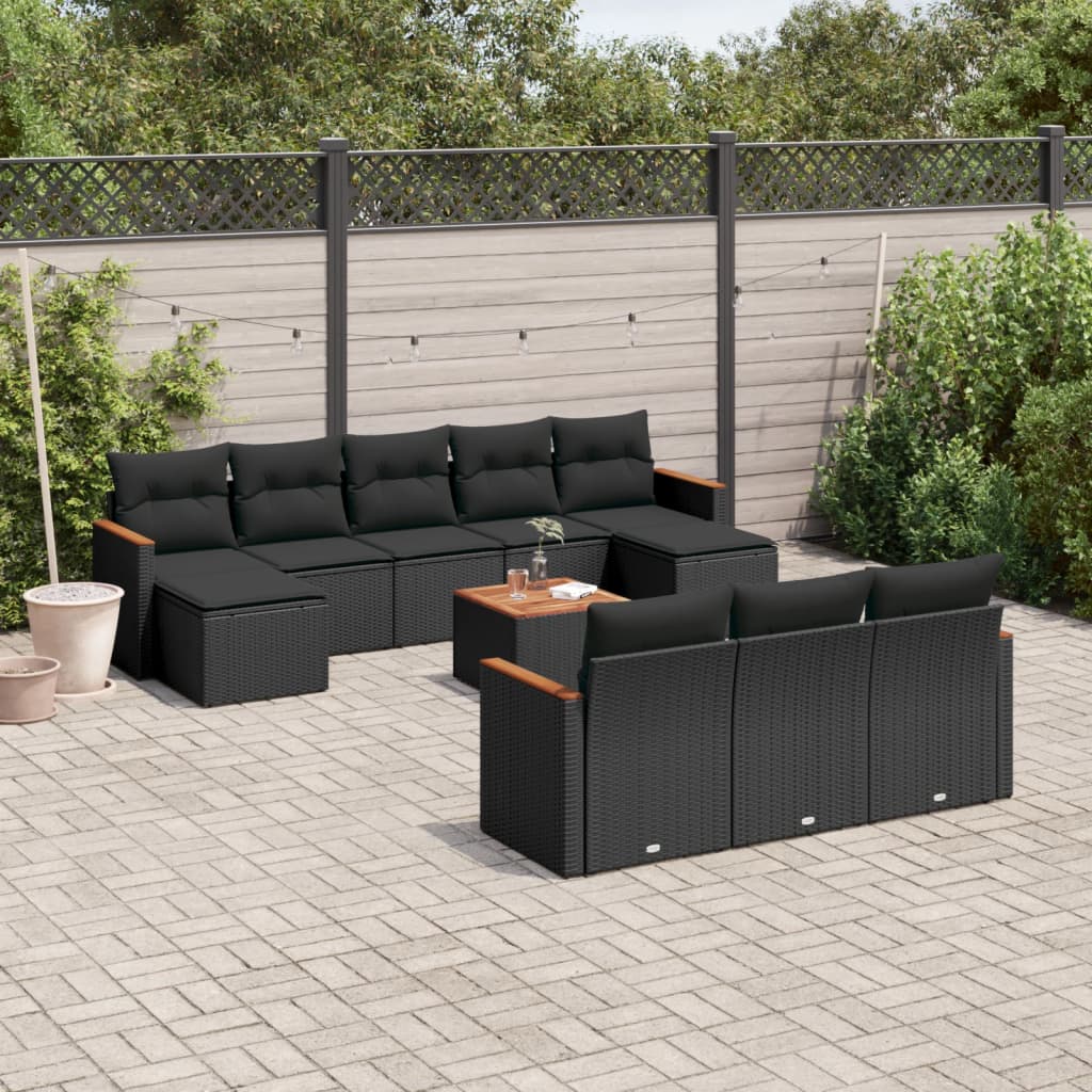10-tlg. Garten-Sofagarnitur mit Kissen Schwarz Poly Rattan