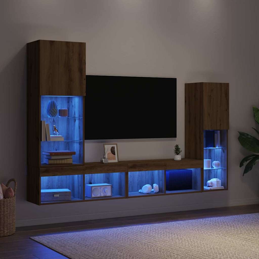 4-tlg. Wohnwand mit LED-Beleuchtung Weiß Holzwerkstoff