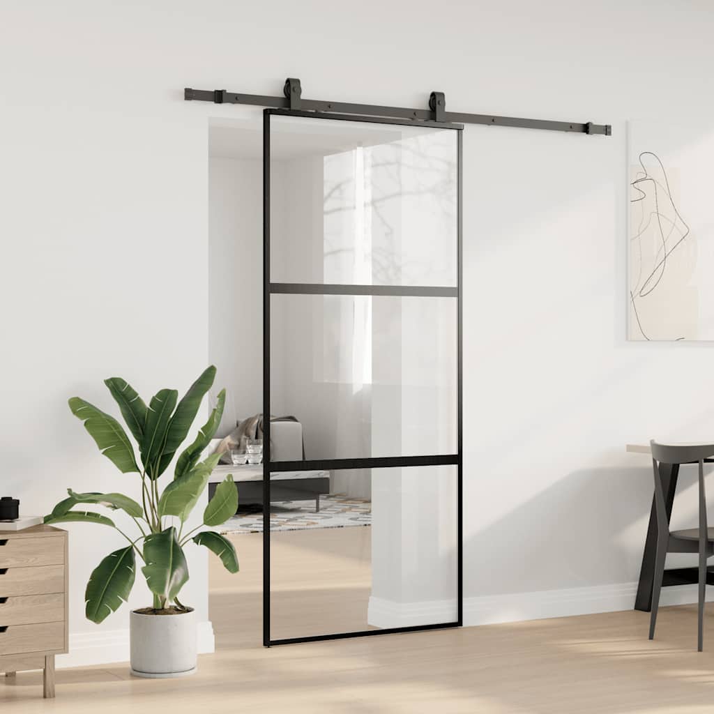 Schiebetür mit Beschlag Schwarz 76x205 cm Hartglas