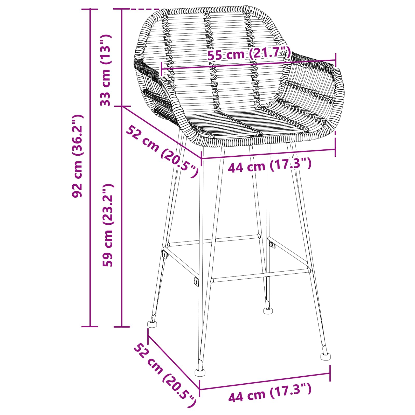 Barstuhl 2 pcs 55 x 52 x 92 cm Rattan und Eisen