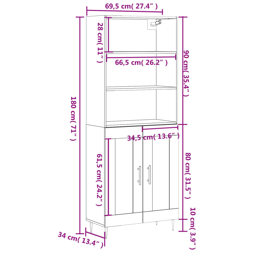 Highboard Hochglanz-Weiß 69,5x34x180 cm Holzwerkstoff