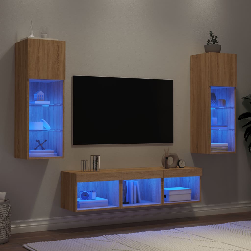 5-tlg. Wohnwand mit LED-Beleuchtung Weiß Holzwerkstoff