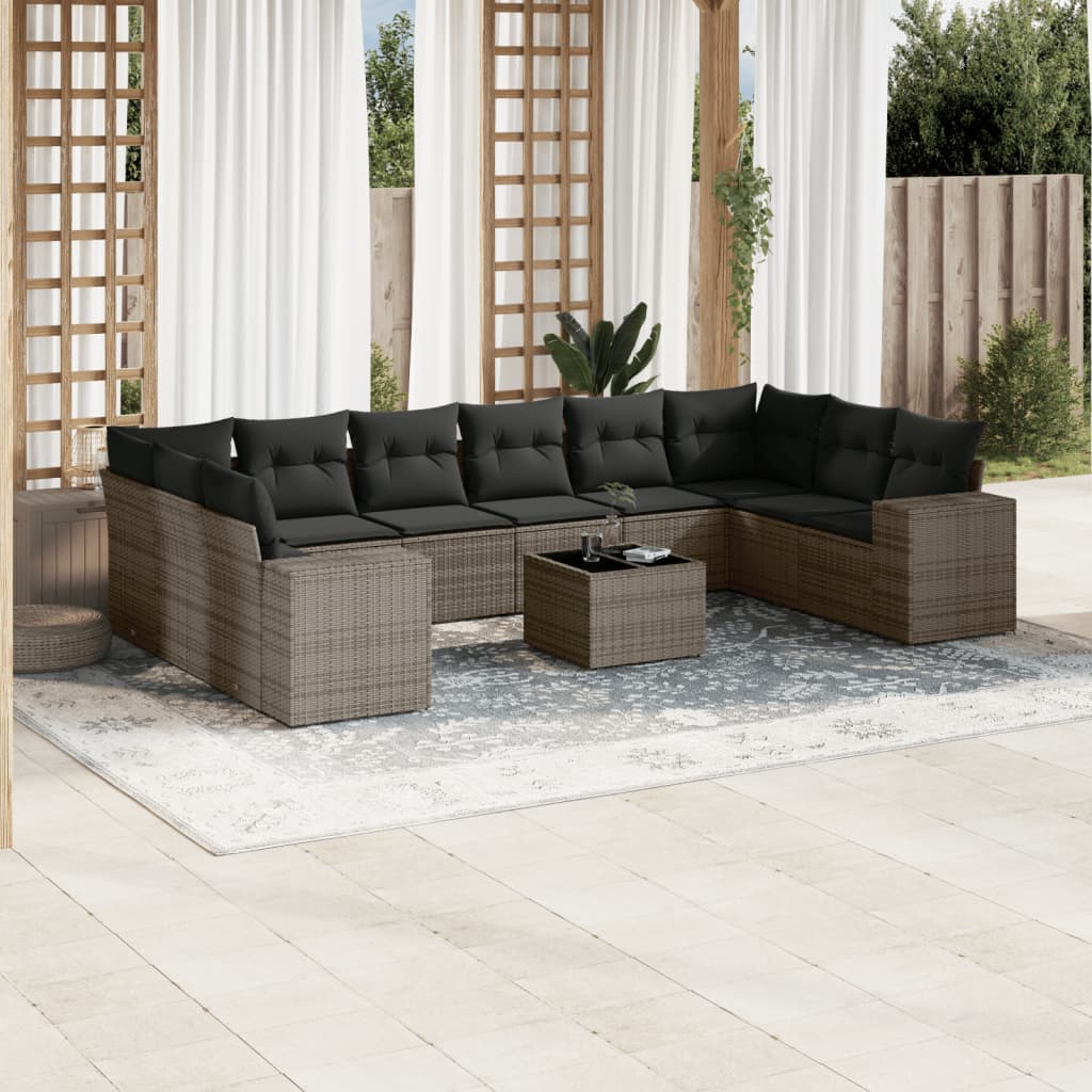 10-tlg. Garten-Sofagarnitur mit Kissen Schwarz Poly Rattan